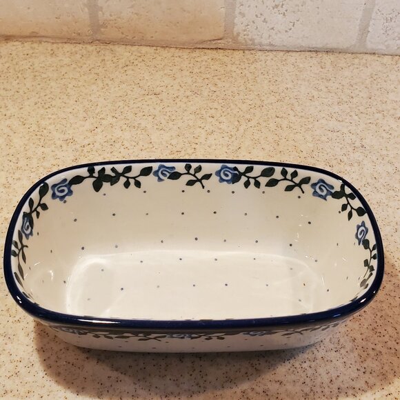 NWT Ceramika Artystyczna Mini Loaf Pan in Blue Rose Vine - Picture 2 of 7